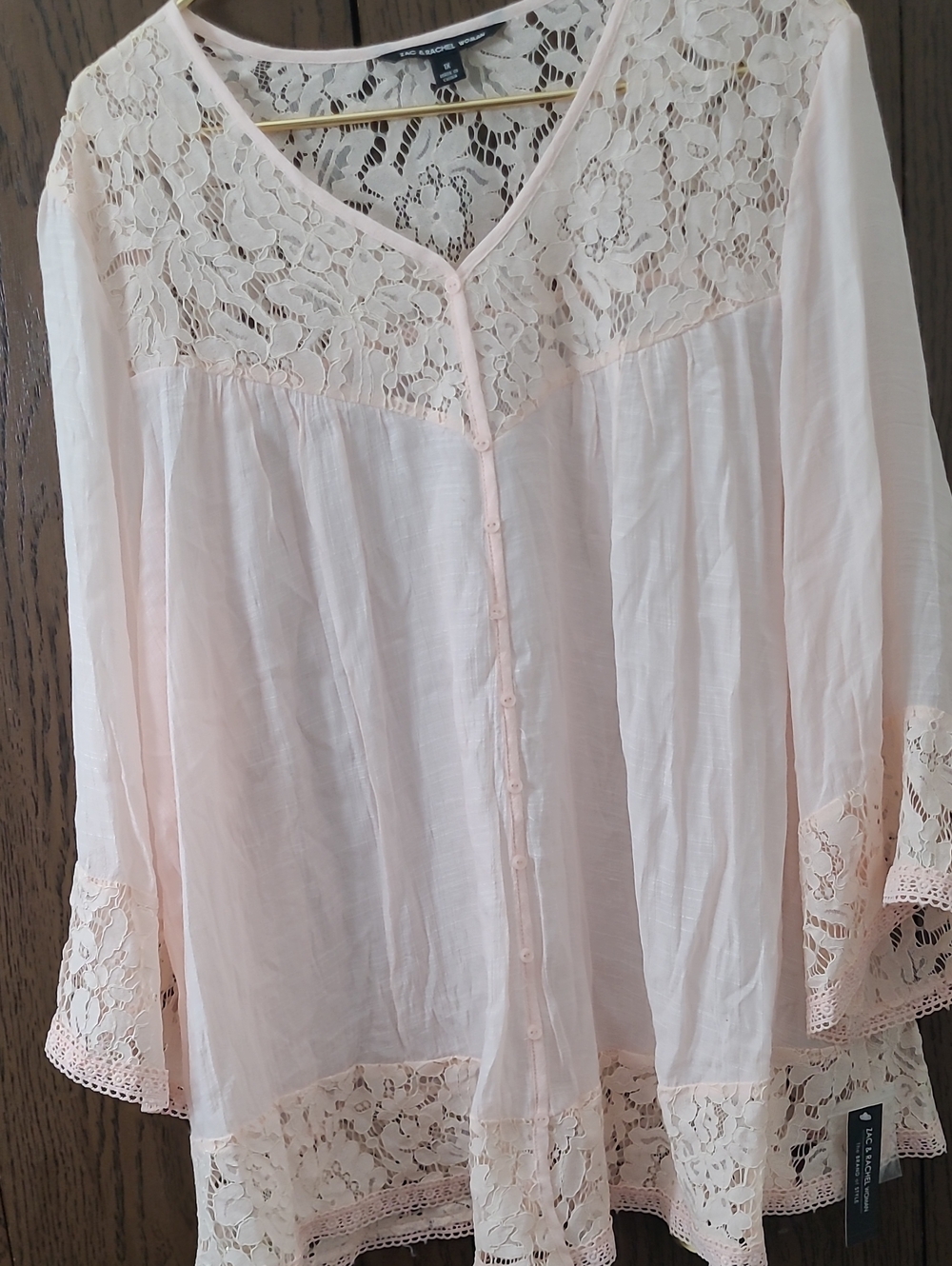Zac & Rachel Pale Pink Lace-Trim Button Front Blouse
